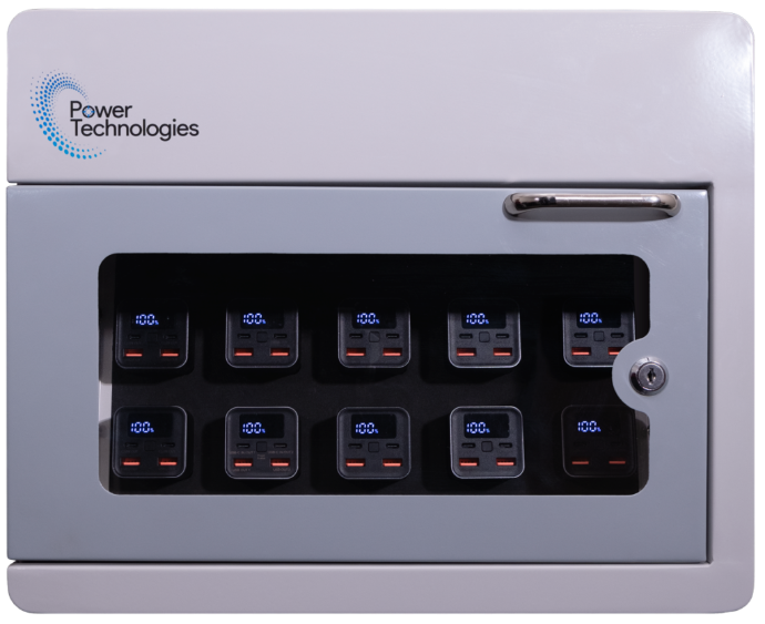POWER TECHNOLOGIES PowerVault, 10 Bay Secure Battery Charging Cabinet w/ 5 Power Bank Batteries, SKU- CAB-PVS-B10K-D5-UH